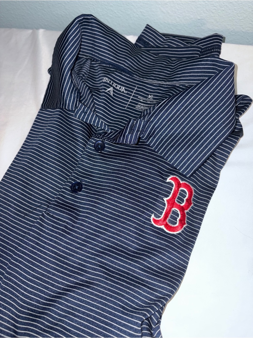 Antigua Navy Pinstripe Polo with Red 'B' Patch